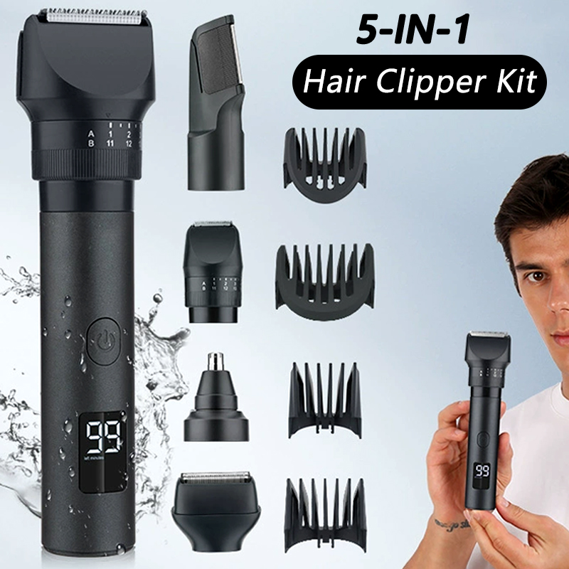 Mens Grooming Barber - 5-in-1コードレスヘアクリッパー LEDディスプレイ付き メンズ髭/鼻毛トリマー 充電式バーバーグルーミングキット 電動ヘアカットマシン