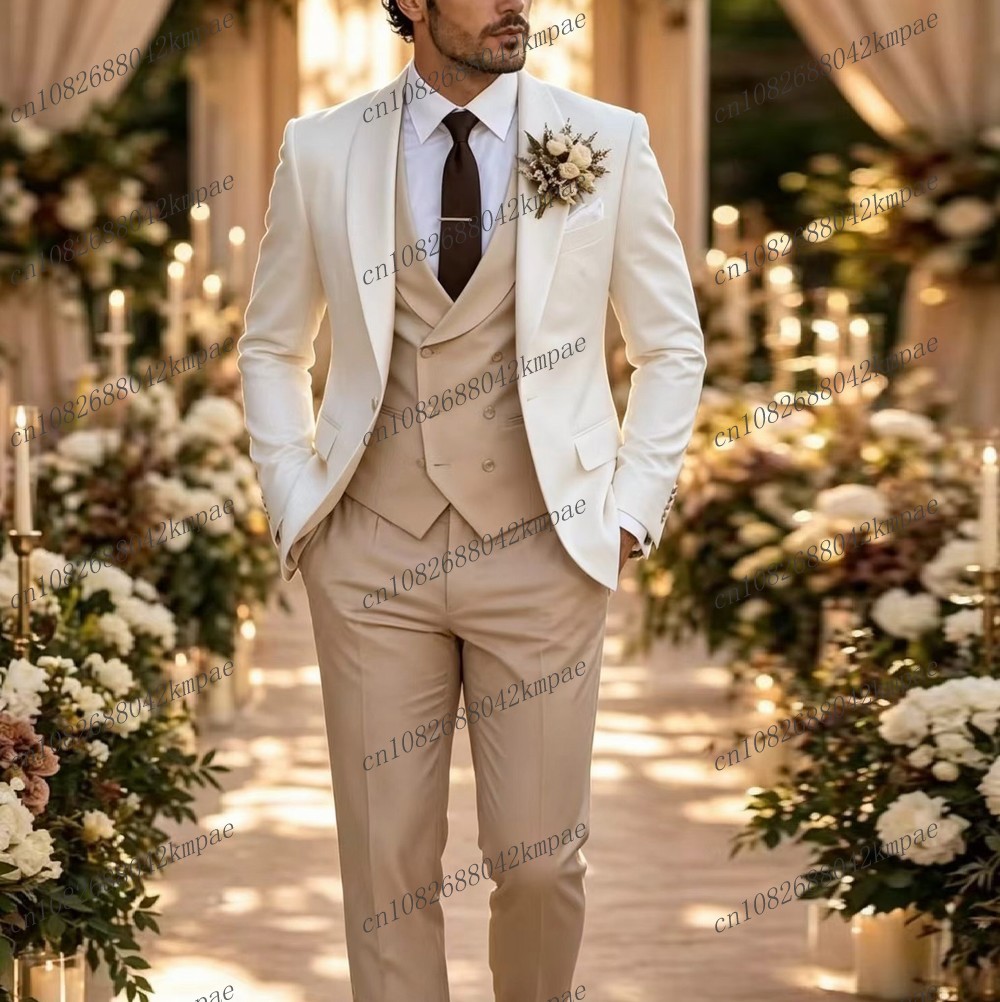 Men'S Grooming Set - 白とベージュの新しいフォーマルメンズスーツ、新郎、花婿の付添人、結婚式、パーティー、プロム、ビジネス用男性タキシード、3ピースセット（ブレザー、ベスト、パンツ）
