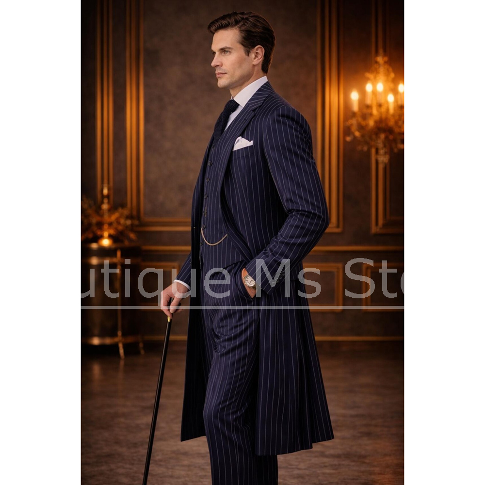 X Men Grooming - シックな男性ストライプスーツ 3 ピースシングルブレストロングコートベストパンツフォーマル結婚式新郎カジュアルビジネスパーティー高級衣装