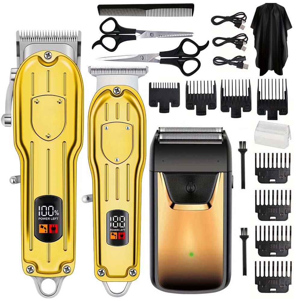 Men'S Grooming Set - LCDディスプレイ付きプロフェッショナルヘアクリッパーセット、コードレス髭トリマー＆フォイルシェーバー（男性用）、USB充電式グルーミングキット（複数のアタッチメントとアクセサリー付き）