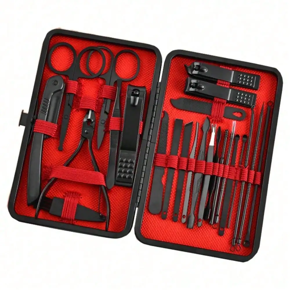 Men'S Grooming Tool - 8/24個入りプロフェッショナルマニキュアセット＆ペディキュアキット、プレミアムブラックステンレススチールネイルクリッパーグルーミングキット、男性と女性のためのポータブルトラベルケース付きの包括的なフェイシャル＆フットケアツール