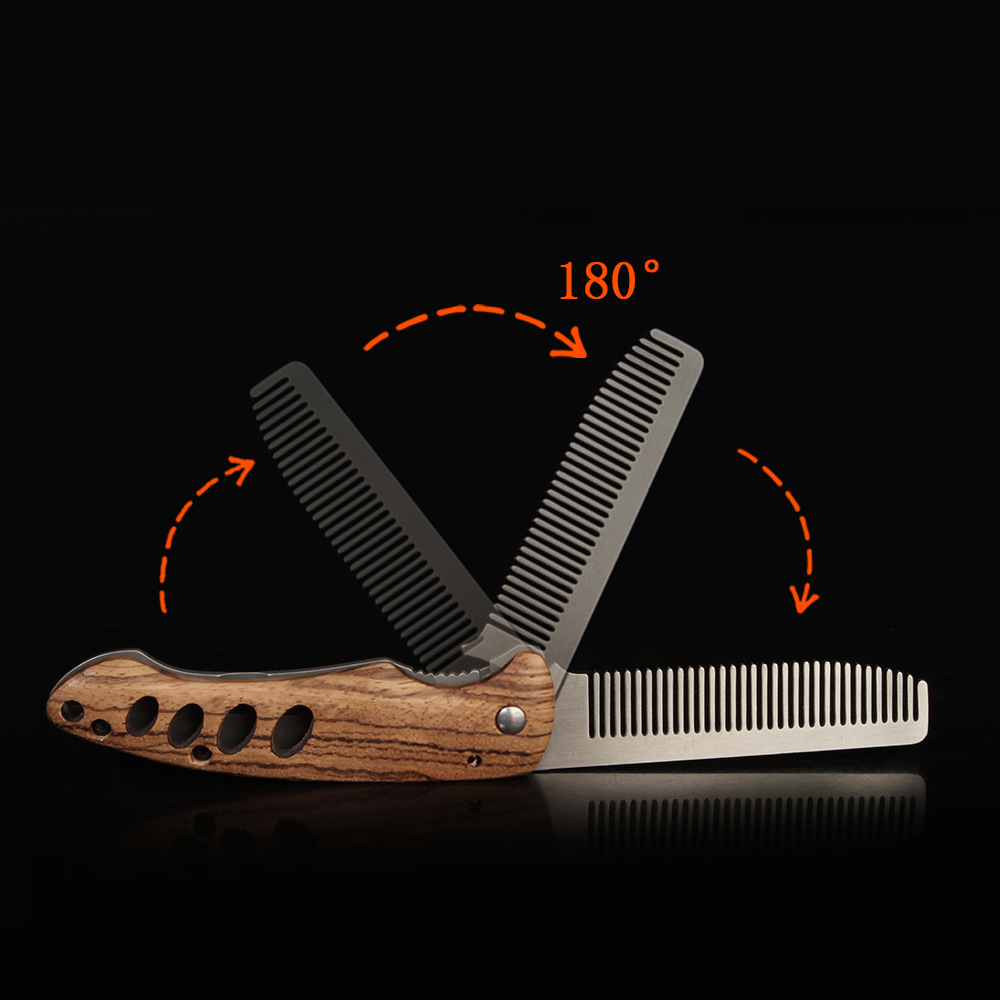 無垢材と金属製の折りたたみ式髭櫛（男性用）、携帯用ポマドール - Mens Grooming Barber のレビューと価格